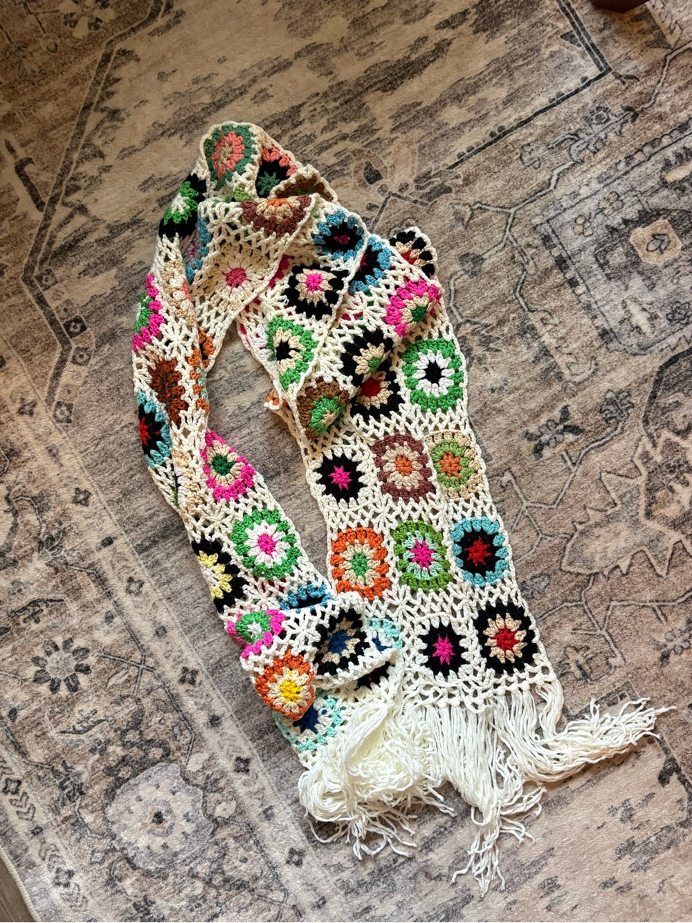 Boho Crochet Patchwork Granny Square Long Fringe festival scarf - Picture 4 of 7